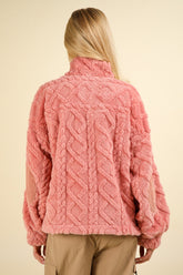 VERY J Women's Cozy Fuzzy Fleece Half Zip Sweatshirt with Cable Pattern & Corduroy Elbow Patches
